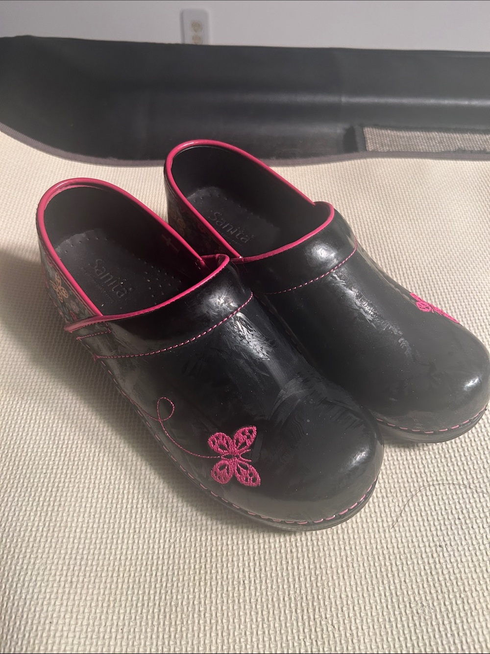 Sanita Black Mules with Pink Trim and Floral Embroidery